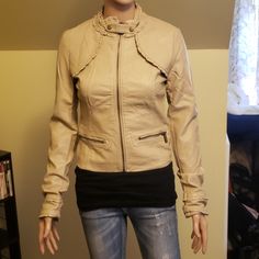 Cute Tan Like Leather Jacket . New Never Worn. Cream Leather Jacket With Zipper For Spring, Trendy Beige Leather Jacket, Chic Cream Leather Jacket For Spring, Trendy Beige Biker Jacket For Spring, Chic Beige Biker Jacket For Spring, Trendy Fitted Leather Jacket For Spring, Chic Beige Leather Jacket For Spring, Cream Fitted Biker Jacket For Fall, Fitted Cream Biker Jacket For Fall