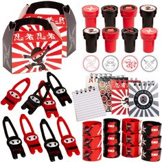 an assortment of red and black items are shown