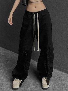 Tie Strap Pocket Cargo Pants - AnotherChill Pocket Cargo Pants, Cargo Pants Black, Street Y2k, Y2k Punk, Straight Leg Pants, Cargo Pants, Leg Pants, Parachute Pants, Black Pants