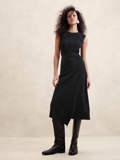 We selected one of our favorite all-season yarns for this long midi dress, employing a half-Milano stitch for its smooth handfeel and soft structure.  Column fit.  Crew neck.  Wrap-front detail.  Unlined.  Column fit.  Sleeveless.  Midi length.  Model: Size S, 5'10" (178cm). Black Sleeveless Midi Dress, Black Wardrobe, Knit Wrap Dress, Long Midi, Long Midi Dress, Knit Wrap, Neck Wrap, Banana Republic Dress, Black Wrap Dress