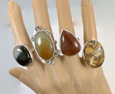 "Large agate stone ring to wear upon your finger!  Agate stones are amazing as they come in such a variety of colors and patterns.  These stones are set into a clean-lined bezel so create a modern design that shows off the natural beauty of the stone.  These are finished off with a sterling silver ring band.  These would also make great pinky rings! Please choose which ring you would like and let me know when you purchase it :). You get the actual ring you choose! A - Size 4 1/2 - Available B - Pinky Rings, Silver Ring Band, Large Stone, Sterling Silver Rings Bands, Agate Ring, Pinky Ring, Ring Band, Agate Stone, Stone Ring