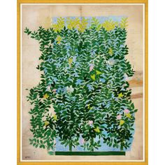 a painting with green leaves and flowers on the bottom half of it, against a beige background