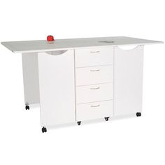 a white desk with drawers and a red apple on it's top, against a white background