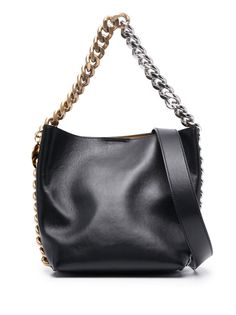 Stella McCartney Frayme Bucket Bag - Farfetch Modern Bucket Shoulder Bag With Chain Strap, Modern Evening Bucket Bag With Branded Hardware, Gold-tone Chain Link Shoulder Bag, Trendy Evening Bucket Bag With Metal Hardware, Modern Chain Strap Bucket Bag For Evening, Evening Black Bucket Bag With Metal Hardware, Modern Bucket Bag With Chain Strap For Evening, Modern Evening Bucket Bag With Chain Strap, Rectangular Leather Bucket Bag With Chain Strap