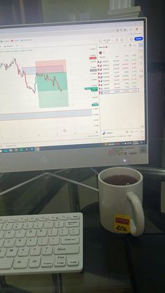 a computer monitor sitting on top of a desk next to a keyboard and cup of coffee