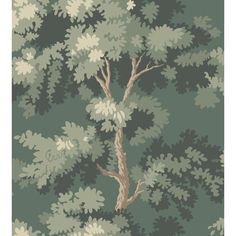 a tree in the middle of a forest with white leaves on green and beige wallpaper