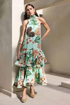 Green tiered ruffle dress with floral and foliage print. - Aza Fashions Tiered Dress With Tropical Print For Spring, Green Sleeveless Floral Dress With Ruffles, Foliage Print, Tiered Ruffle Dress, Luxury Sale, Band Collar, Green Satin, Modern Bride, Dress For Women