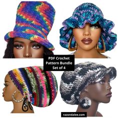 This listing is for 4 separate crochet PDF PATTERNS. They are digital downloads and not physical hats.  1 tall top hat pattern 1 ruffle bucket hat pattern 1 mega tam pattern 1 newsboy cap pattern These patterns will show you step by step how to make these 4 hats.  Patterns do not include earrings and I do not currently sell earring patterns. The patterns can be downloaded once payment has been received. Pattern is written in standard US crochet terms. Skill level: Easy Language: English PERMISSI Tam Pattern, Newsboy Cap Pattern, Crochet Newsboy Hat, Hats For Big Heads, Bucket Hat Pattern, African Hats, How To Wash Hats, Crochet Hat For Women, Crochet Terms