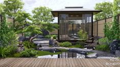 a japanese garden with rocks and trees surrounding the pond, surrounded by wooden decking