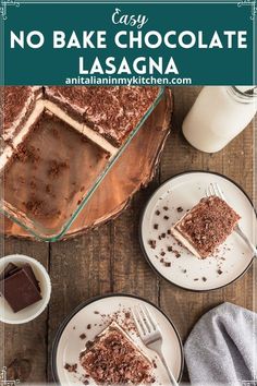 no bake chocolate lasagna cake on white plates