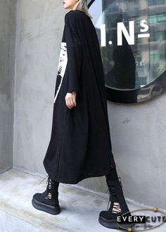 Italian Black Prints Cotton Dress Asymmetric Midi Fall Dress Oversized Long Sleeve Black Maxi Dress, Black Asymmetrical Maxi Dress For Fall, Asymmetrical Black Maxi Dress For Fall, Black Lagenlook Maxi Dress For Fall, Black Oversized Long Dresses, Oversized Long Black Dress, Casual Asymmetrical Fall Dresses, Oversized Dresses With Asymmetrical Hem For Fall, Black Oversized Long Sleeve Midi Dress