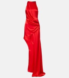 Asymmetric draped satin maxi dress in red - David Koma | Mytheresa Pre-draped Silk Evening Dress With Folds, Pre-draped Maxi Dress With Folds, Pre-draped Satin Maxi Dress, Silk Ruched Pre-draped Evening Dress, Floor-length Silk Dress With Folds, Silk Floor-length Dress With Folds, Elegant Red Draped Maxi Dress, Pre-draped Silk Evening Maxi Dress, Draped Satin Dress With Bias Cut For Gala