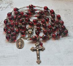 Dark Garnet, Handmade Rosary, Sacred Heart Of Jesus, Garnet Red, Bohemian Crystal, Heart Of Jesus, Funky Jewelry, Jewelry Lookbook, Red Aesthetic