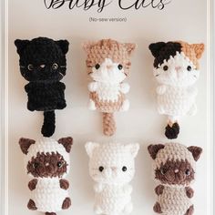 the crocheted cats are all in different colors and sizes, including brown, white, and black