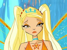 a cartoon girl with long blonde hair wearing an orange top and star necklace, standing in front of a blue background