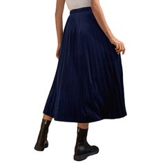 Navy Blue Velvet Pleated A-line Skirt Blue Long Skirt For Fall, Blue High-waist Skirt For Fall, Blue Winter Skirt Bottoms, Chic Blue Knee-length Pleated Skirt, Chic Blue A-line Maxi Skirt, Blue Flared Skirt For Fall, Winter Blue Pleated Skirt, Blue Fitted Pleated Skirt For Fall, Fitted Blue Pleated Skirt For Fall