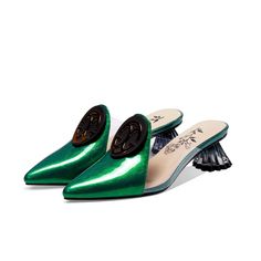 These print leather mules with rhinestones are unique. stylish and comfy. Upper: Genuine Leather Lining: Microfiber Outsole: TPR Toe Shape: Pointy Toe Closure: Slip on Heel: 6cm/2.5'' is_handmade: Yes Elegant Green Slip-on Mules, Green Heels With Leather Sole And Flat Heel, Green Flat Heels With Leather Sole, Trendy Green Slip-on Heels, Slip-on Closed Toe Party Sandals, Slip-on Closed Toe Sandals For Party, Party Heels With Round Toe And Slip-on Fit, Spring High Heel Patent Leather Mules, Chic Green Mules For Party