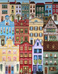 a painting of many different colored buildings