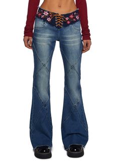 base|dark blue Dolls Kill Outfits, Lace Jeans, Free Socks, Concrete Jungle, Suede Lace, Flared Jeans, Mid Rise Jeans, Y2k Fashion, Embroidered Lace