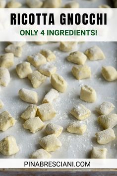 the ingredients for ricotta gnocchi on a baking sheet with text overlay