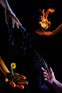 four different images of hands holding plants and fire