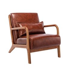 a brown leather chair with wooden legs and arm rests on an isolated white background,