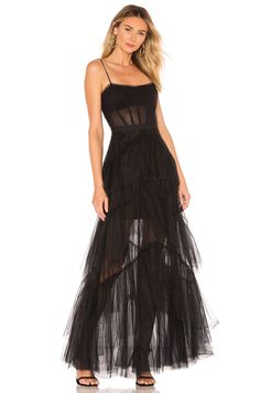 BCBGMAXAZRIA Corset Tulle Gown in Black | REVOLVE Black Bustier Dress, Gaun Tulle, Hole Dress, Tiered Tulle Skirt, Skirt Tulle, Dress Layered, Black Bustier, Corset Dress Prom, Mesh Maxi Dress