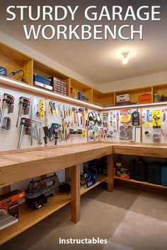 there is a workbench with tools on it and the words, study garage workbench