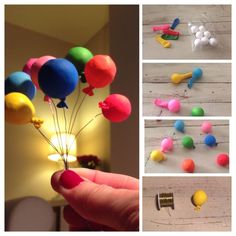 there are many different pictures of balloons being held by someone's hand and the light is turned on