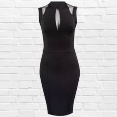 Looking for a little black cocktail dress that's sure to turn heads? Our Black Body Con Dress is just the ticket. This beautiful body-hugging dress features a sleeveless silhouette, high neckline, and flattering fitted panels. But what really makes this dress stand out is the wide mesh fabric inserts on the shoulders and in the front cleavage area. This adds a touch of elegance and sexiness that is sure to get you noticed. Whether you're heading out for a night on the town or attending a special Sleek Sleeveless Bodycon Club Dress, Elegant Stretch Sleeveless Dress For Night Out, Elegant Sleeveless Stretch Dress For Night Out, Elegant High Neck Bodycon Dress, Sleek Fitted Sleeveless Party Dress, Elegant High Neck Bodycon Dress For Club, Sleek Fitted Sleeveless Dress For Party, Chic Sleeveless Bandage Dress For Night Out, Elegant High Neck Midi Dress For Club