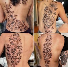 four pictures show the back of a woman's body with flowers on it