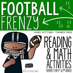 a poster for reading and math activities with a cartoon football player holding a ball in his hand