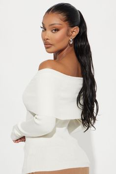 Available In White. Pullover Sweater Long Sleeve Off Shoulder Fold Over Detail Ribbed 78% Rayon 22% Polyester Imported | On Trend Off Shoulder Sweater in White size XL by Fashion Nova White Pullover Sweater, White Pullover, Sweater Trends, Off Shoulder Sweater, Women Hoodies Sweatshirts, White Fashion, Shoulder Sweater, White Sweaters, Long Sweaters