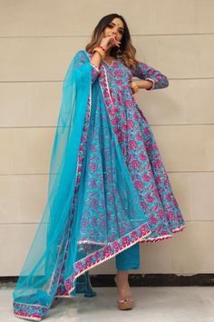 Step out in style by wearing this gorgeous hand block print anarkali Suit Set. This 3 piece set includes cotton anarkali ,cotton pants and soft net dupatta . Pair it with dainty pair of earrings and be ready to slay! PRODUCT DESCRIPTION: Anarkali and Pant : Cotton Dupatta: Soft Net Color: Blue Printed No. Of Components : Set of 3 Product Highlights: Lace work over dupatta ,anarkali and tassels at the back Embroidery Work : Lace Work Wash Care : Dry Clean Customization : Only Size and Length Of P Block Print Anarkali, Printed Anarkali Suits, Blue Anarkali, Printed Anarkali, Cotton Anarkali, Anarkali Kurta, Cotton Dupatta, Anarkali Suit, Net Dupatta