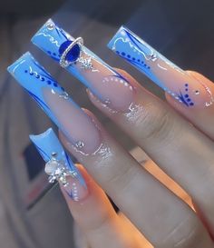 Blue Sets Nails, Light Blue Nails Black Women, Light Blue Baddie Nails, Blue N White Nails, Blue Long Acrylic Nails, Blue Freestyle Nails, Baddie Simple Nails, Dope Blue Nails, Blue Birthday Nails