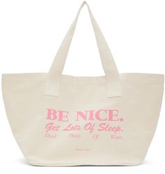 Off-White 'Be Nice' Tote by Sporty & Rich on Sale Pink Canvas Bag With Letter Print For Shopping, Pink Letter Print Canvas Bag For Shopping, Pink Cotton Bags With Letter Print, Pink Rectangular Canvas Bag For Weekend, White Canvas Bag With Logo, Rich Clothing, Rich Clothes, Fotografi Digital, Digital Closet