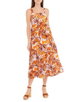 Achieve summer femininity in this tropical print maxi dress from Emma & Michelle. | Emma & Michelle Women's Sleeveless Square Neck Printed Maxi Dress, Large Spring Tropical Printed Maxi Dress, Tropical Printed Maxi Dress For Spring, Spring Tropical Style Maxi Dress, Sleeveless Tropical Print Maxi Dress, Spring Tropical Print Midi Dress, Summer Tropical Print Midi Dress For Day Out, Casual Maxi Sundress With Tropical Print, Tropical Floral Print Midi Dress For Summer, Orange Floral Print Maxi Dress For Summer