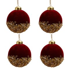 three red and gold christmas ornaments hanging from the top of each ornament on a white background