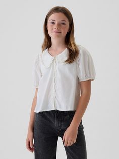 Soft cotton shirt.  Ruffled round collar.  Short puff sleeves.  Button front.  Straight, easy fit.  Hits at the hip. Ruffle Collar Shirt, Summer Job, Ruffle Collar Blouse, Collared Shirts, Curve Jeans, Gender Equality, Support People, Pattern Drafting, Denim Coat Jacket