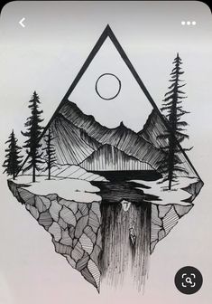 a drawing of mountains, trees and a lake in the middle with a triangle above it