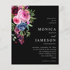 an elegant black and pink floral wedding card