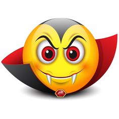 an emoticive smiley face with red eyes and a black shield around it's neck