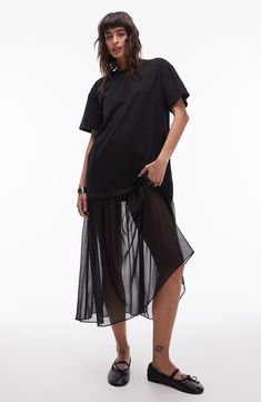 A sheer skirt lends plenty of elegance to this T-shirt dress that strides the line between casual and chic. Slips on over head Crewneck Short sleeves 93% cotton, 7% elastane with 100% polyester contrast Machine wash, line dry Imported Sheer Skirt, Plain Design, Maxi Dress Trend, Black Shirt Dress, Hoodies For Sale, Plus Size Pregnancy, Workwear Dress, Skirts For Sale, Nordstrom Dresses