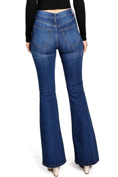 High rise, flare jeans with a stretchy slim fit down the leg. Traditional 5-pockets construction with zip fly and button closure. Comfortable and stretchy denim for everyday wear. Made with sustainably sourced cotton. CARE | Machine Wash Cold CONTENTS | 57% Cotton 30% Polyester 10% Rayon 3% Spandex MEASUREMENTS | 42"/107 cm Top to Bottom 32"/ 81 cm Inseam 10"/26 cm Rise (Size 3) MODEL | 5'8 - wearing a size 3 IMPORTED Dark Wash Flares With Five Pockets For Fall, High Waist Stretch Flares With Five Pockets, Denim Blue Flare Jeans With Five Pockets, Stretch Denim Flares With Five Pockets, Mid-rise Dark Wash Flares With Five Pockets, Trendy Dark Wash Flares With Five Pockets, Denim Blue Cotton Flares For Fall, Denim Flares With Five Pockets, Trendy Stretch Flares With Five Pockets