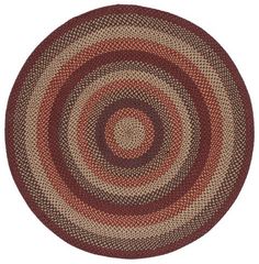 a round rug with red and beige stripes