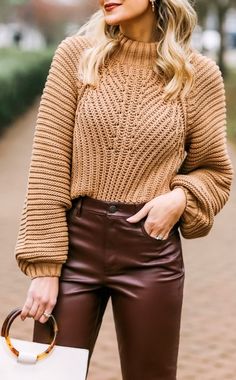 Brown Leather Pants Outfit, Neutral Knitwear, Faux Leather Pants Outfit, Penny Pincher Fashion, Brown Leather Pants, Leather Pants Outfit, Thanksgiving Fashion, Penny Pincher, Mode Casual