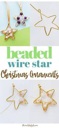 beaded wire star christmas ornaments with text overlay reading beaded wire star christmas ornaments