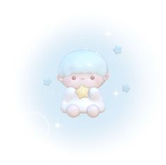 a small white teddy bear sitting on top of a blue and white background with stars