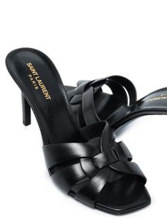 Shop black Saint Laurent Tribute 85mm woven sandals with Express Delivery - Farfetch Woven Sandals, Brown Leather Sandals, Leather Sandals, Designer Shoes, Stiletto Heels, Open Toe, Saint Laurent, Black Leather, Women Wear