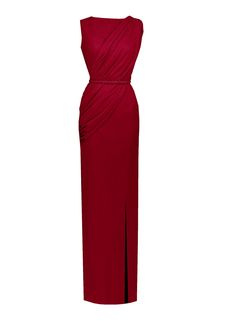 Elegant Dresses Classy Chic Evening, Elegant Red Draped Maxi Dress, Pre-draped Formal Evening Dress With Side Slits, Formal Pre-draped Evening Dress With Side Slits, Elegant Draped Red Evening Dress, Draped Evening Dress With Side Slits, Elegant Red Draped Evening Dress, Pre-draped Sleeveless Maxi Dress For Dinner, Red Formal Dress With Side Slits